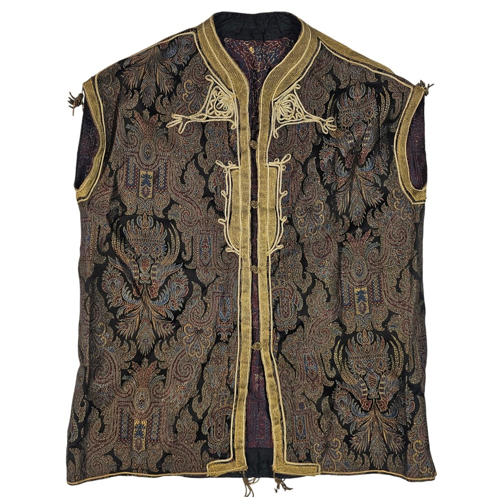 Antique Ottoman Style Paisley Brocade Vest Gold Soutache Embroidery Waistcoat
